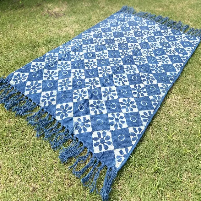 Aangepaste Beste Prijs Indigo Blokdruk Katoen Gebied Tapijt (3X2 Voeten) handgeknoopte Woonkamer Decor Custom Deur Mat Voor Thuis