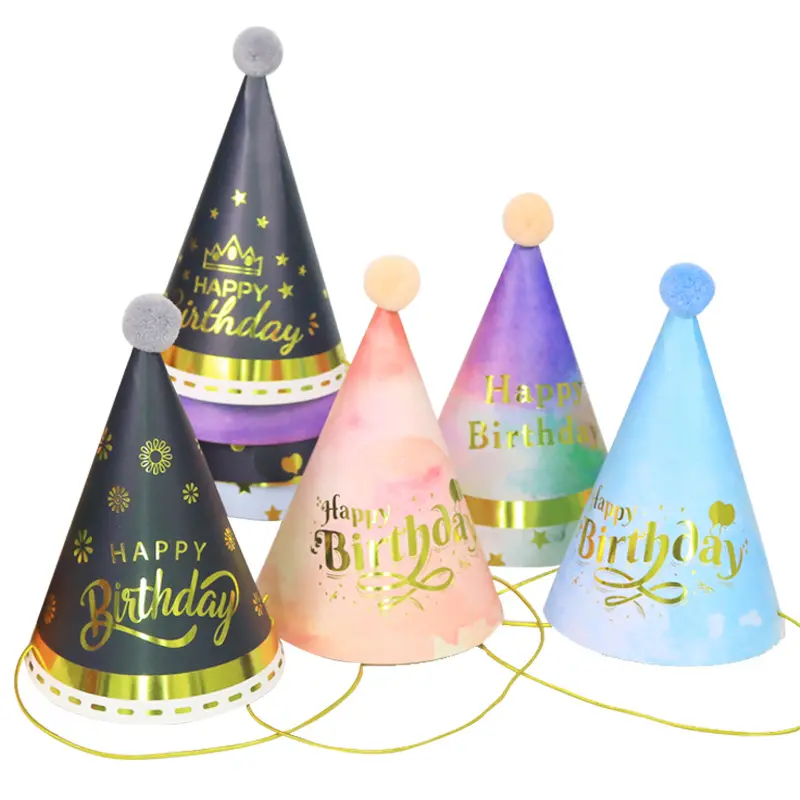 Suministros de decoración para fiesta de cumpleaños de niños, con estampado en caliente, letras de pastel, sombreros de bola de pelo de tricolor