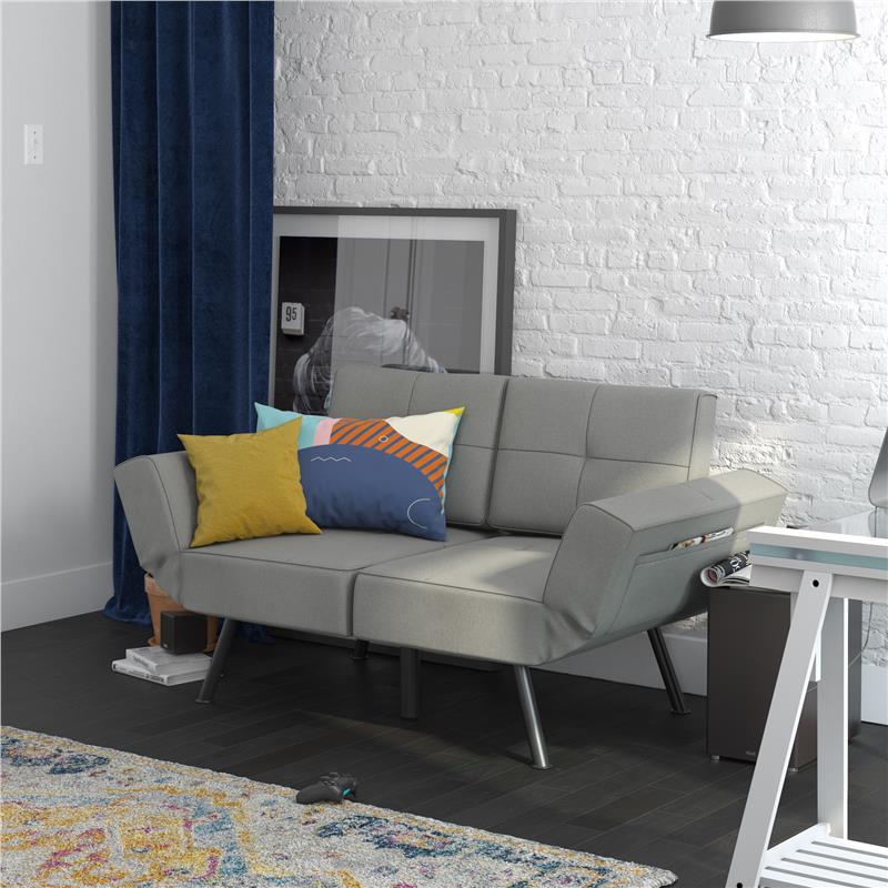 Euro New Linen Fabric Living Room Furniture Sofa Convertible Loveseat Futon with Storage Pockets