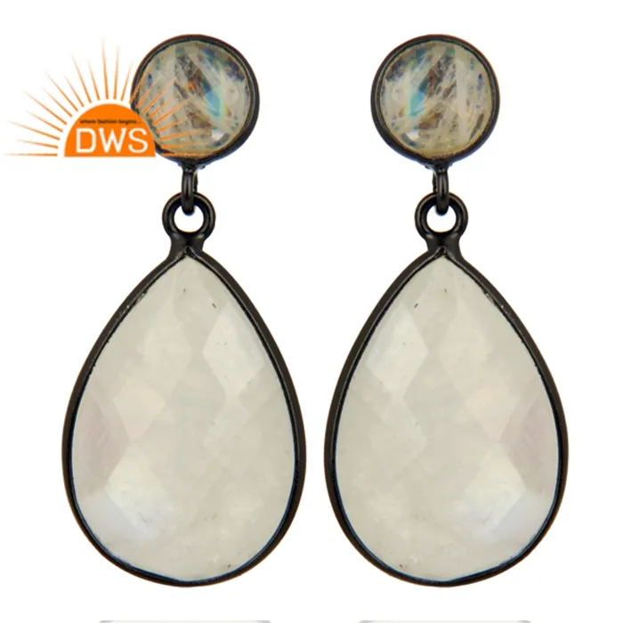 Rainbow Moonstone Bezel Set Pear Drop Earrings Black Rhodium Plated Silver Chunky Earrings Jewelry Wholesale