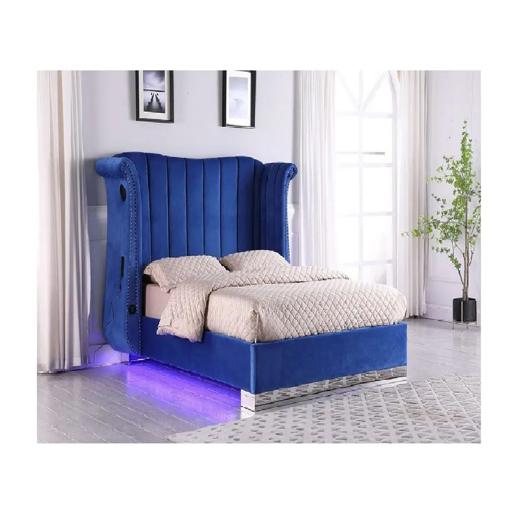 Самый лучший национальный оптовый поставщик мебели, Синяя светодиодная Bluetooth-кровать Алексиса королевы