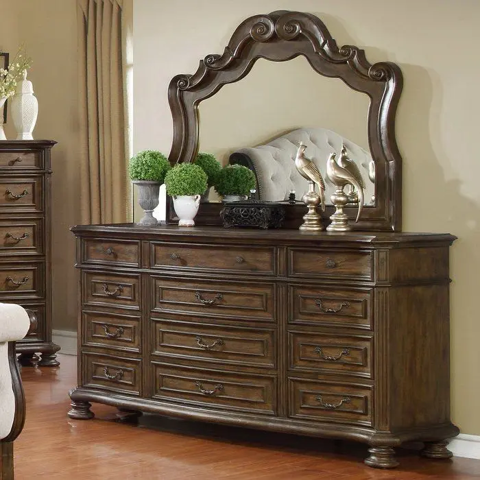 Mesa de consola antigua con espejo, elegante armario marrón tallado a mano, mesa clásica, mueble de dormitorio
