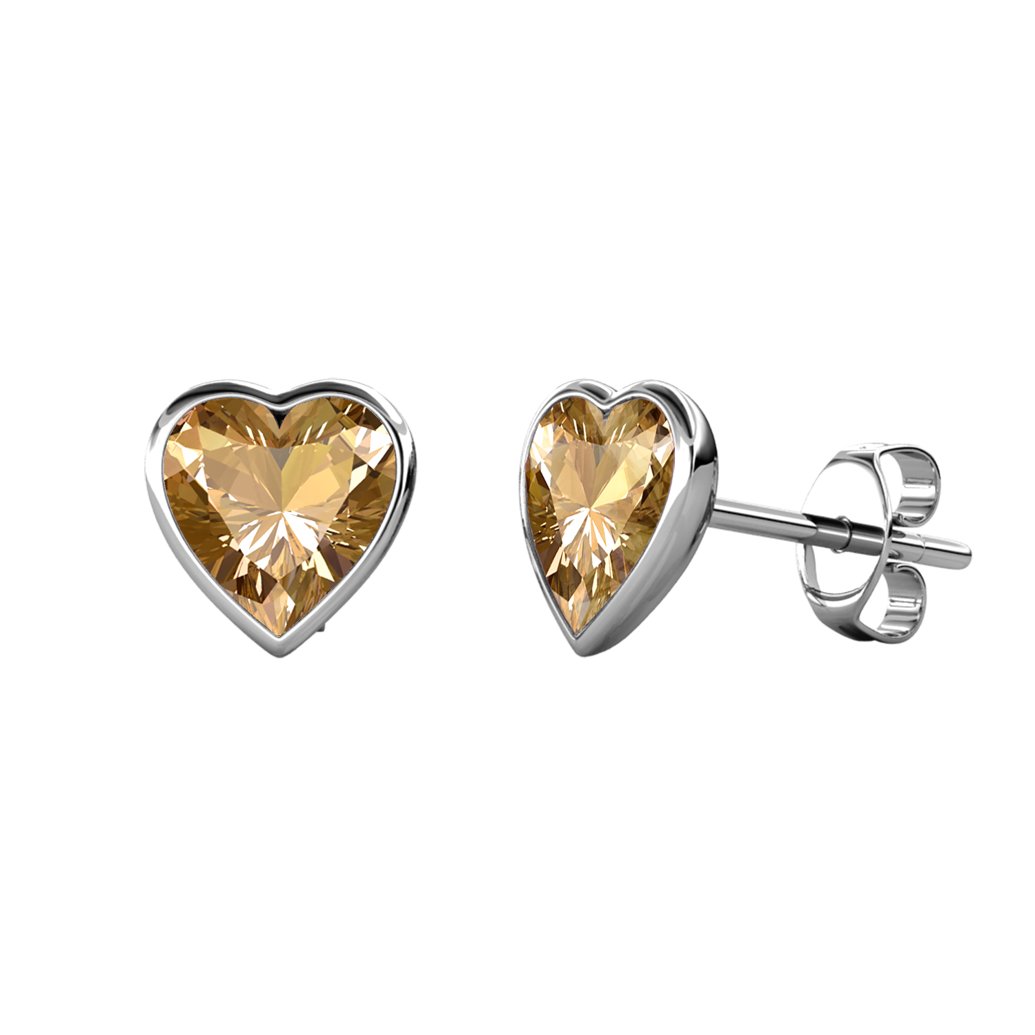 Brass With 18k WG Champagne Heart Shaped Crystal Stud Earrings