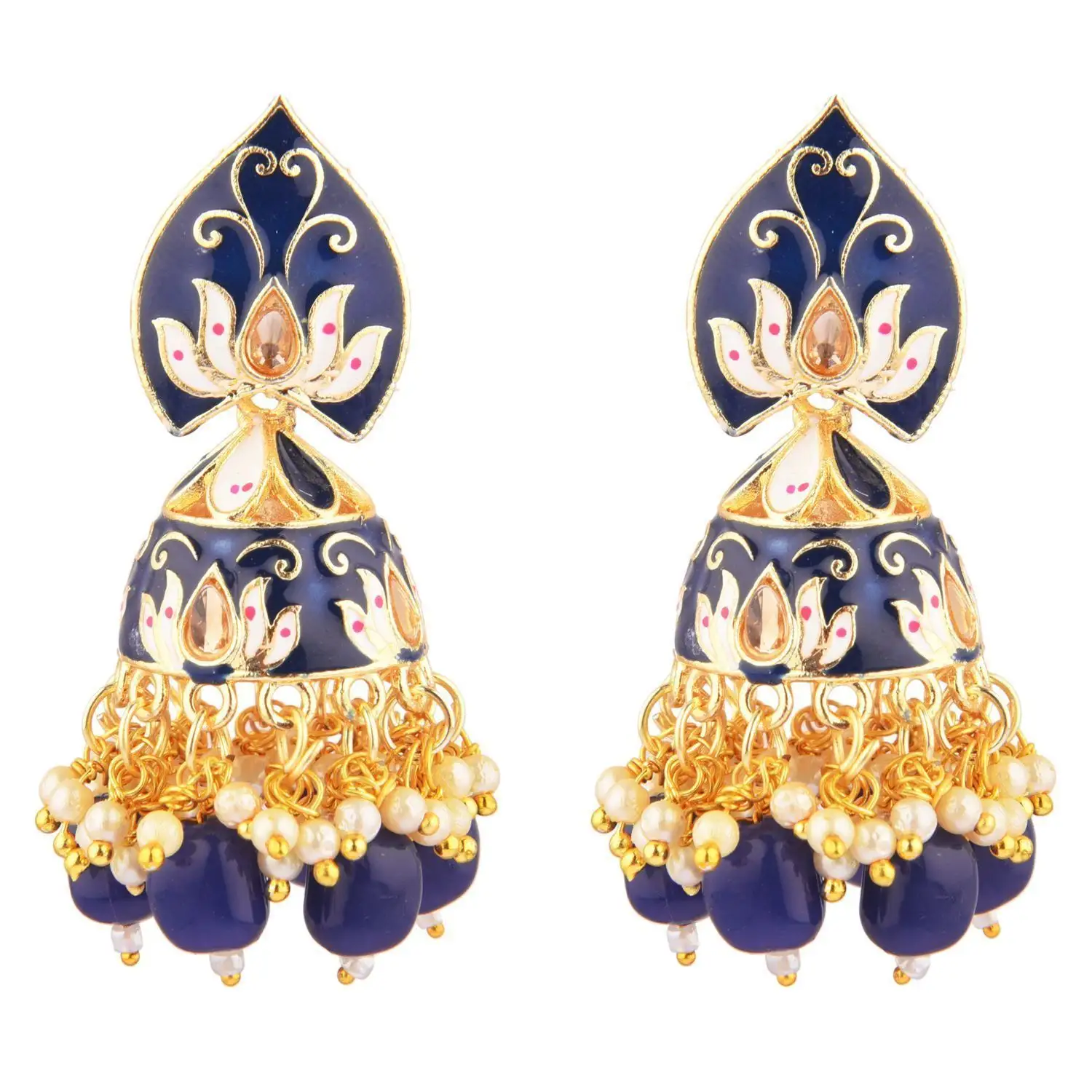 Anting Pengantin India Anting Menjuntai Kristal Kundan Mutiara Imitasi Biru Gelap Enamel Jhumka Perhiasan untuk Wanita