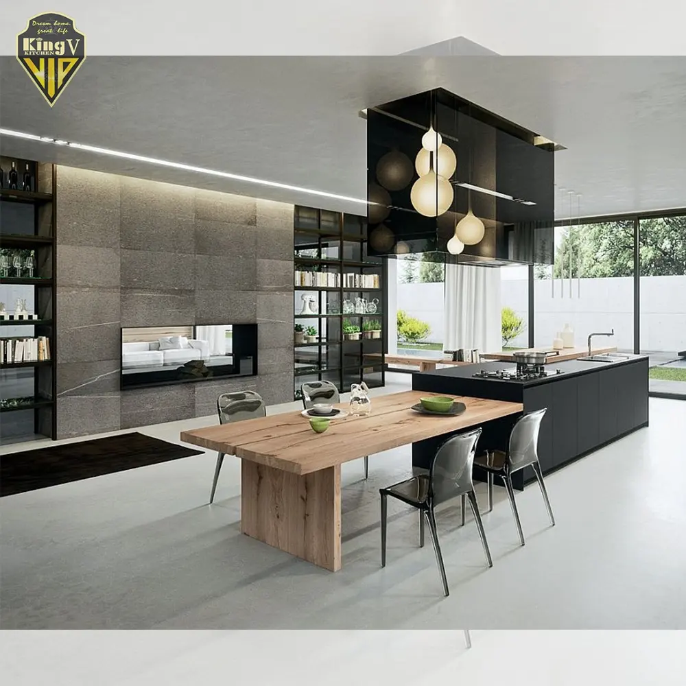 Kingv armadio da cucina moderno isola nera Made in China fabbrica all'ingrosso personalizzato di alta qualità a buon mercato completo compensato PVC lusso