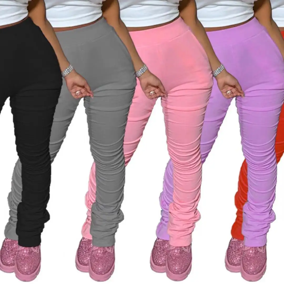 Pantalones elásticos de cintura alta para mujer, ropa apilada fruncida para el sudor, pantalones apilados de colores, 2021