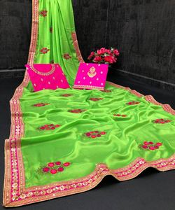 Party Wear Designer Embroidered <strong>Net</strong> Silk Flower Design Indian Ladies Wear Orange Color <strong>Saree</strong> with <strong>Blouse</strong> Piece Pearl Work Sari Apparelgarment - Product Image 5