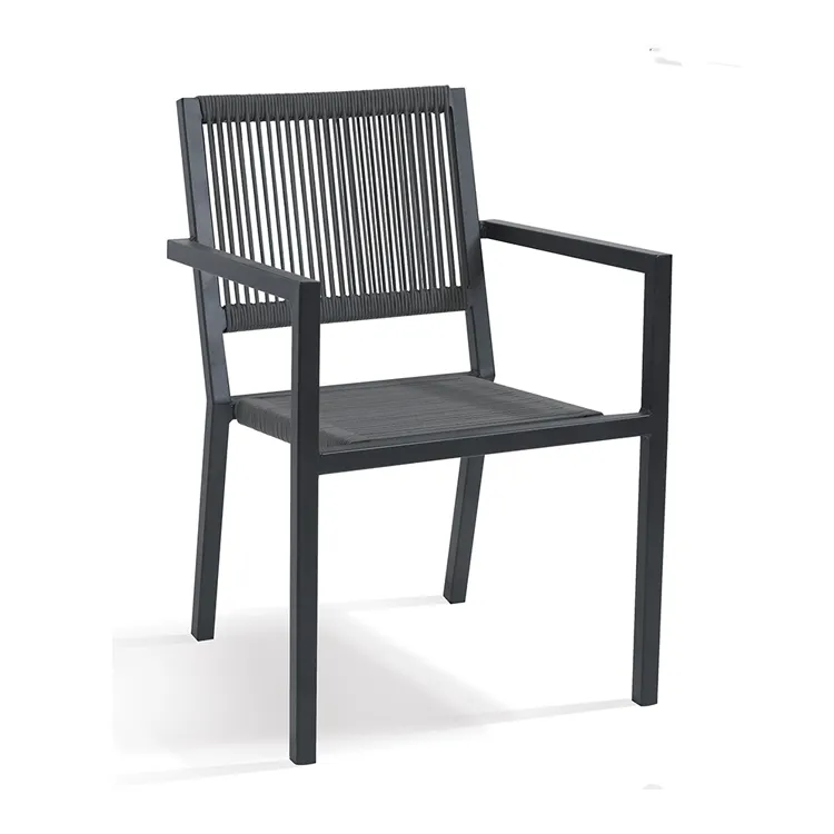 Açık restoran bahçe sandalyeleri siyah halat veranda alüminyum istiflenebilir Metal sandalye ve dış mekan mobilyası