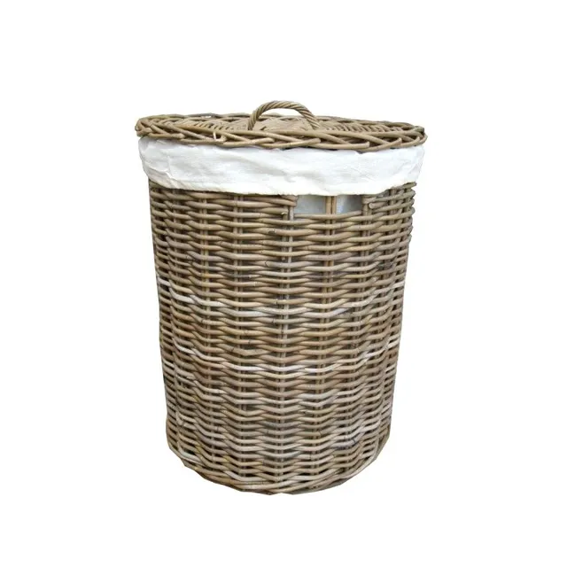 Laundry Basket Eco Friendly Handmade Round Storage Stock Plant With Fabric Lid Vietnam Wicker Rattan Trash Bin Basket