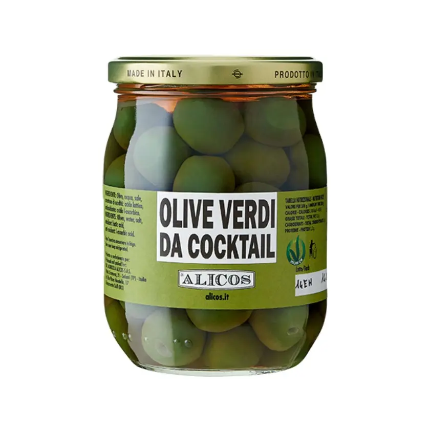 Made in Italy pronto da mangiare cibo 1 Kg barattolo di vetro frutta conservato olive da cocktail verdi per antipasti