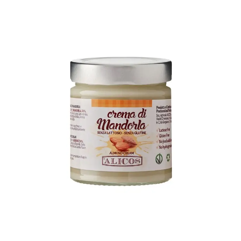 Made in Italy top quality gluten free and milk free 190 g jar sweet vegan food almond cream for all ages