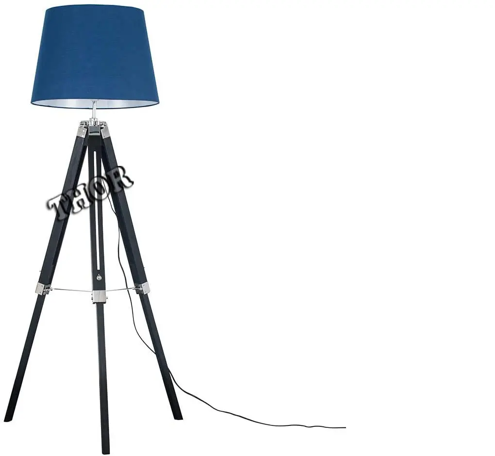 Black Wooden Nautical Big Tripod Floor Lamp Stand with Blue Shade (60-inch)
