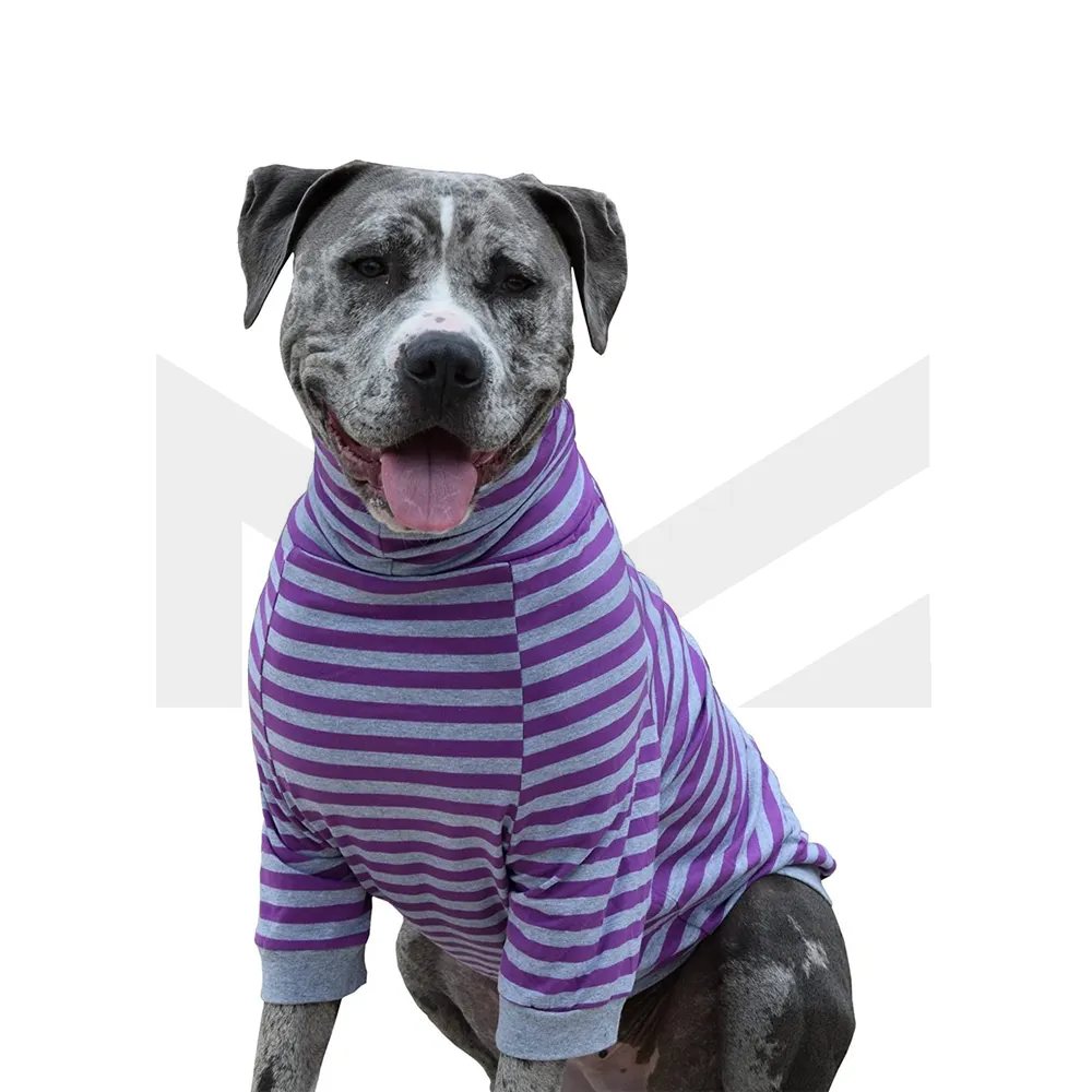 Camicia a righe per cani di grossa taglia copertura completa del ventre per abbigliamento per cani di grossa taglia con camicia con Logo personalizzato vestiti per cani all'ingrosso viola e grigi