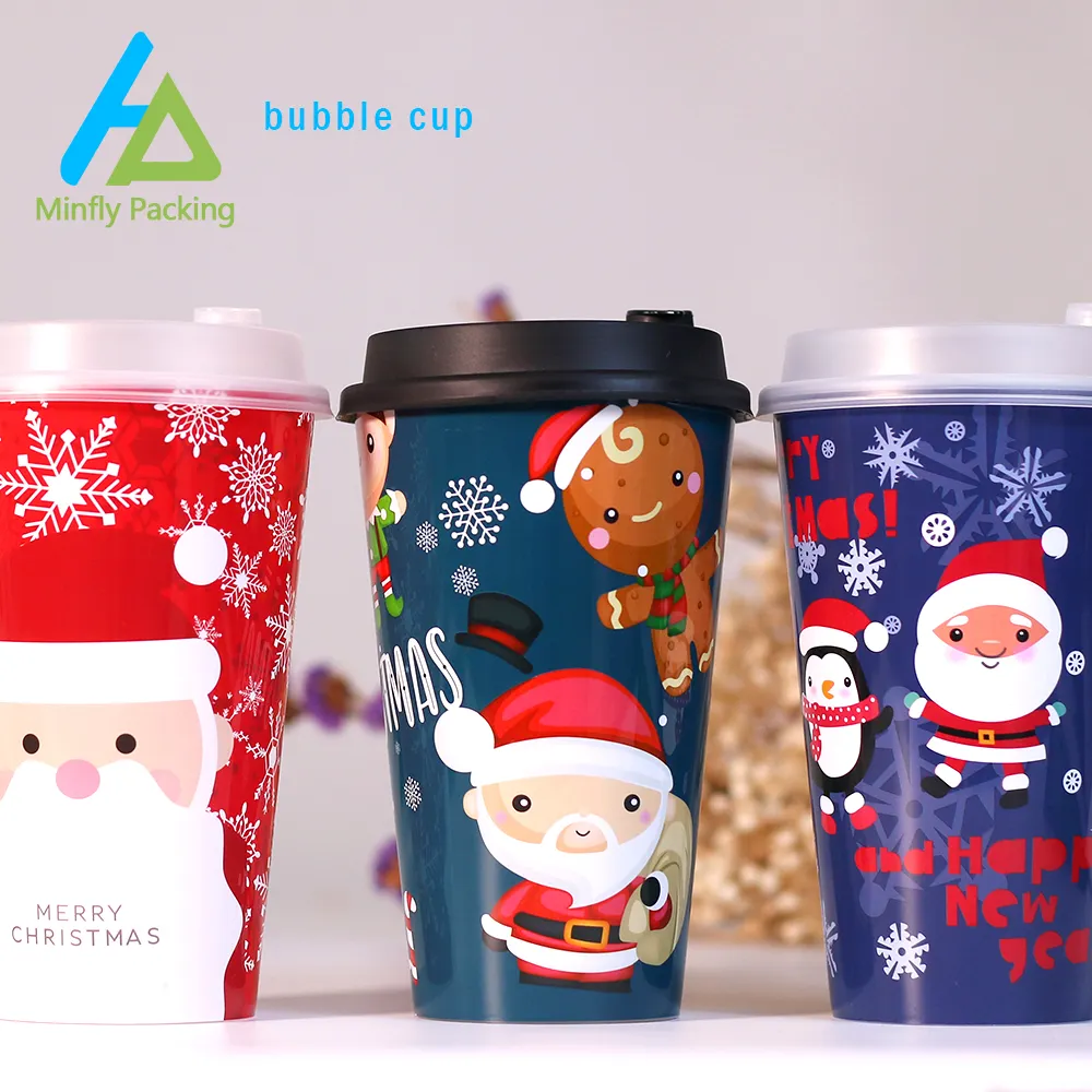 Minfly personalizado plástico 12oz oz oz 24 16 32 onças descartável bebida bolha chá com leite de café com tampas de natal copos do smoothie com logotipo