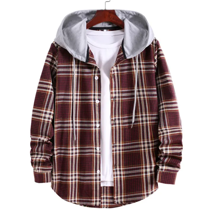 Flannel Shirt Polyester Cotton Breathable Anti-shrink Anti-pilling Quick Dry hooded winter wear plaid shirt long sleeves