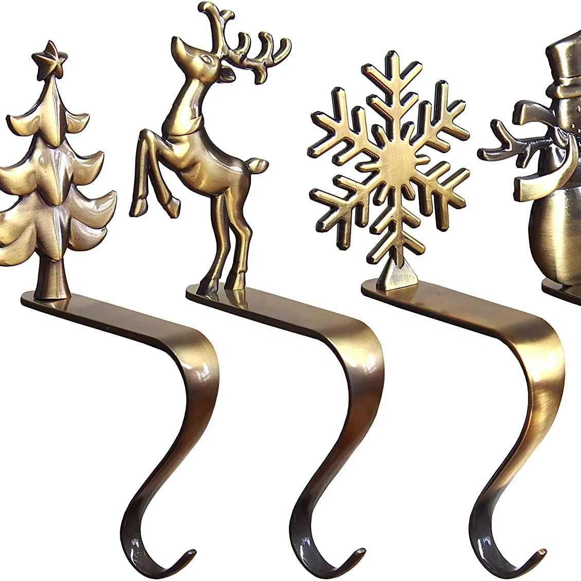 Juego de 4 perchas de bronce para decoración de Navidad, muñeco de nieve, Santa, árbol de Navidad, ciervo, calcetín, ganchos