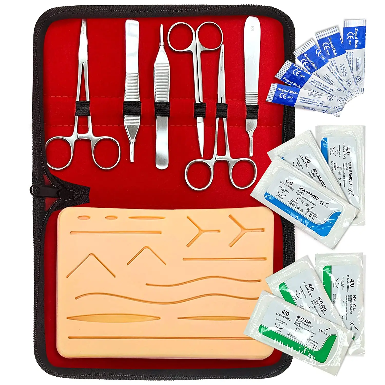 Sutura Practice Kit, Pad-14 Pre-Cut Ferite, Strumenti di Sutura In Acciaio w/Chiusura Lampo Della Cassa, aghi, Fili, Medico, Dentale e Veterina