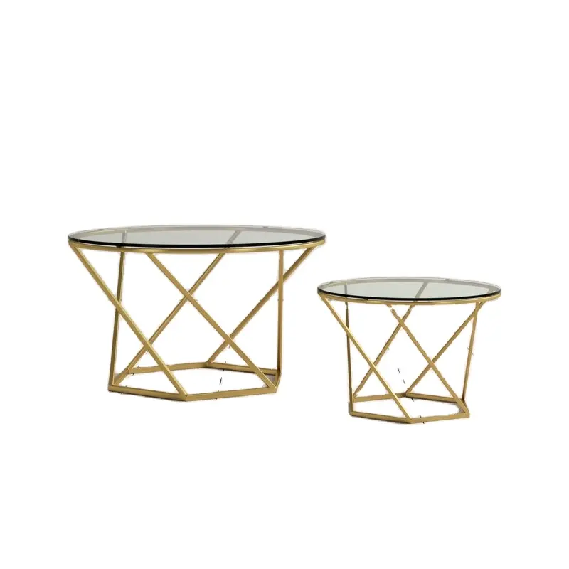 Decorative Modern Luxury gold or black Iron Frame 2 Piece Bunching/nesting Tables with top niche quality glass for indoor
