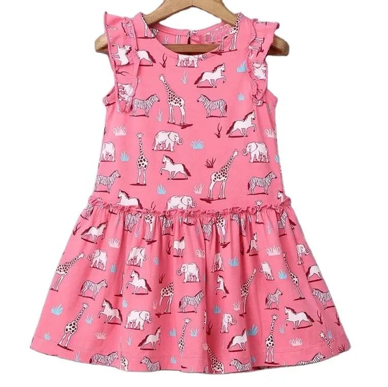 Safari animal printed neonate ruffle sleeve dress 100 cotone bambini vestiti estivi abiti per bambini all'ingrosso di alta qualità