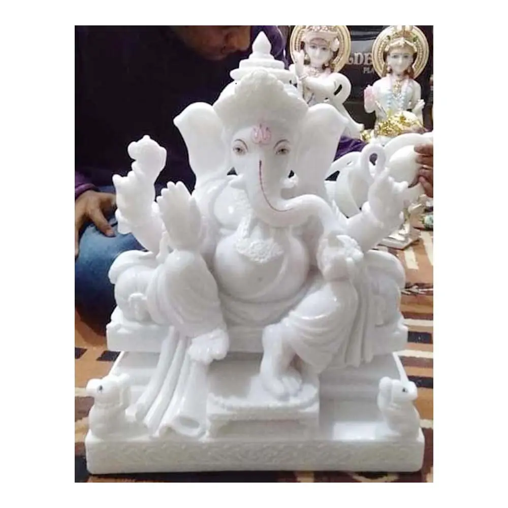 Handmade White Marble Polished Lord Ganesha Sculpture