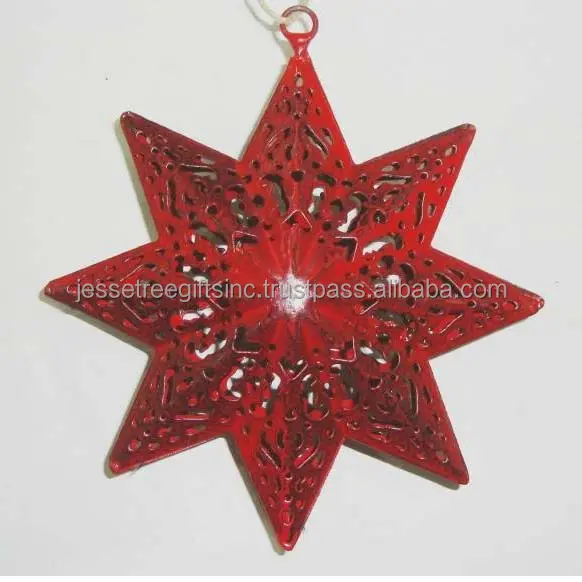 Colgantes de pared navideños de hoja de metal, estrella de ocho puntas con revestimiento de polvo rojo, diseño de malla de acabado para decoración del hogar