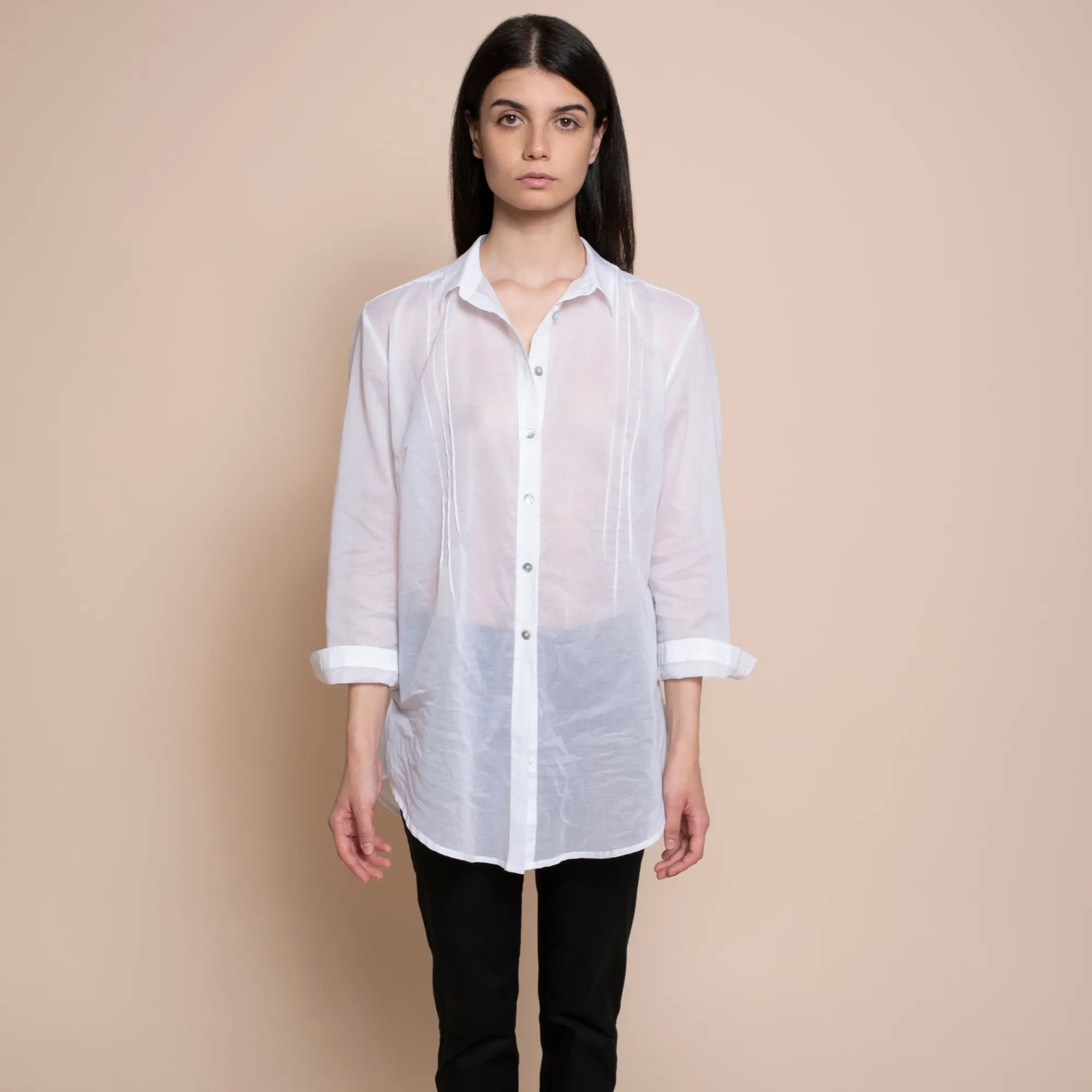 Camisa hecha en Italia de alta calidad, tela de muselina de algodón con mangas completas, botones de perlas, 3/4 Para el día
