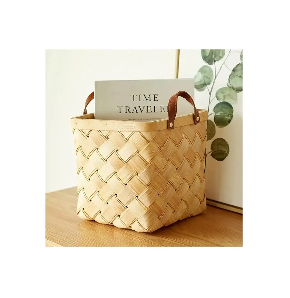 Custom design square natural woven wood chip basket with leather handle in square basket from Indian Supplier