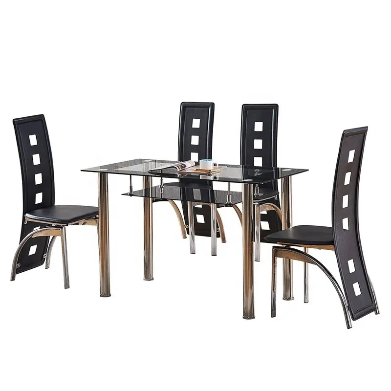 Ucuz Modern siyah basit dikdörtgen cam yemek masası ve yemek masası seti sandalye