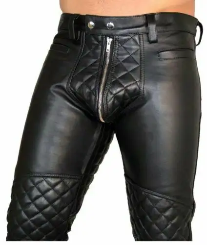 MenのReal Leather Pants Double Zips Pants Gay BLUF Pants Cow隠すレザー