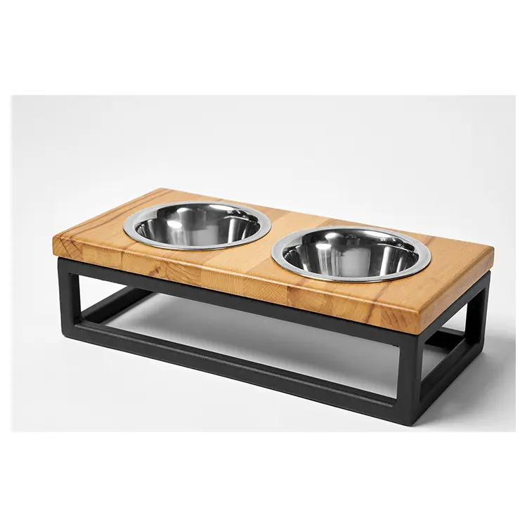 Stand for 2 pet bowls on metal for dogs and cats made of solid beech