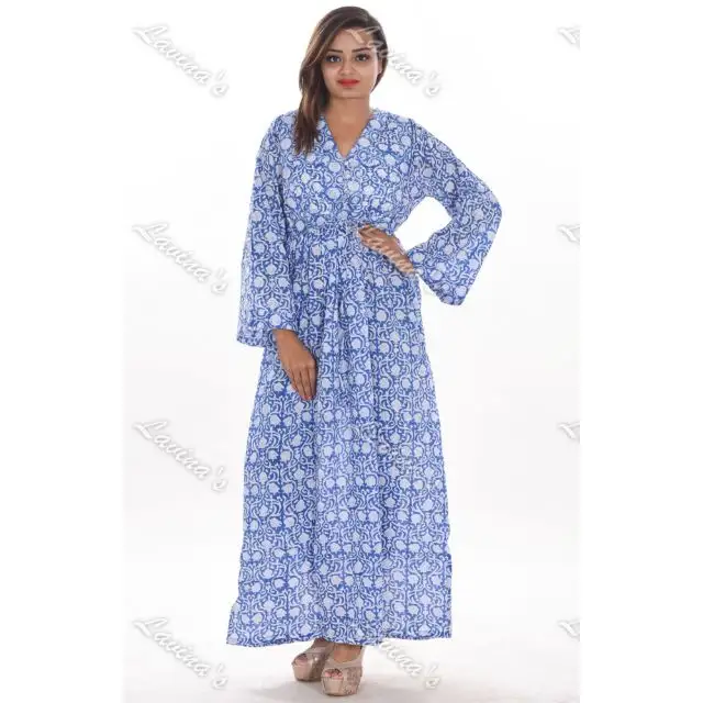 Indio de algodón hecho a mano bloque impreso vestido largo estampado floral vestido acolchado para las mujeres étnicas alta de noche de moda bata kaftan