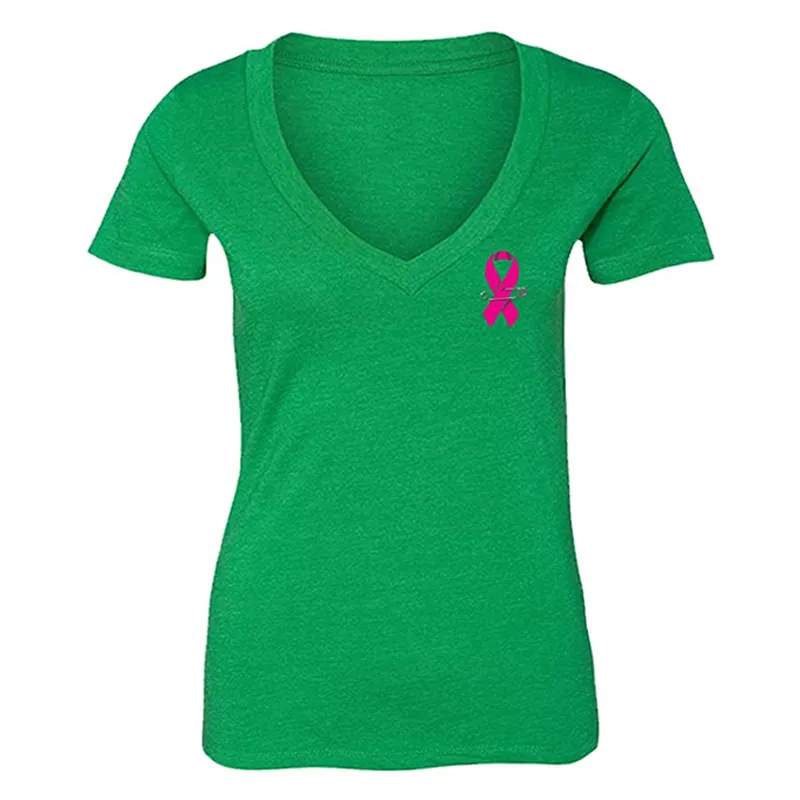 ملابس المرأة الشريط الوردي سرطان الثدي الشريط الخامس الرقبة تي شيرتات قصيرة الاكمام