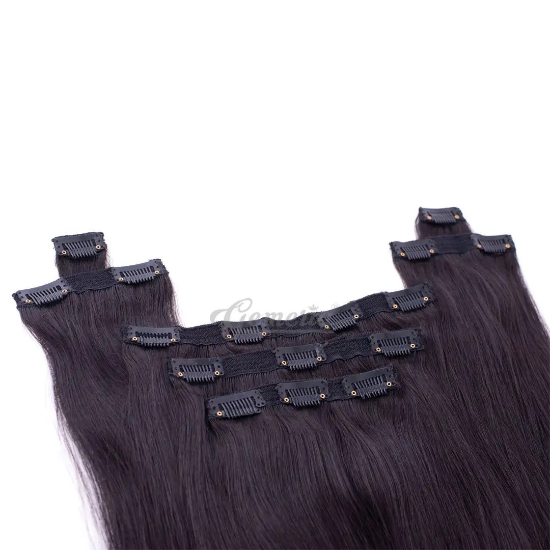 Indio extensiones de cabello CLIP ONS con alineados las cutículas 100% suave y sedoso al por mayor 7 unids/set Clip en extensiones de cabello