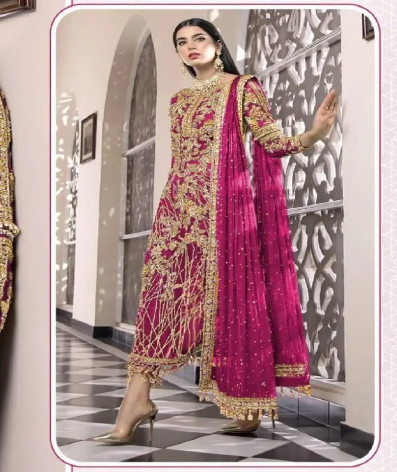 Rete in stile indiano e pakistano con ricamo Salwar Kameez abito per donna abito pesante in stile musulmano e Kurtis Lehenga