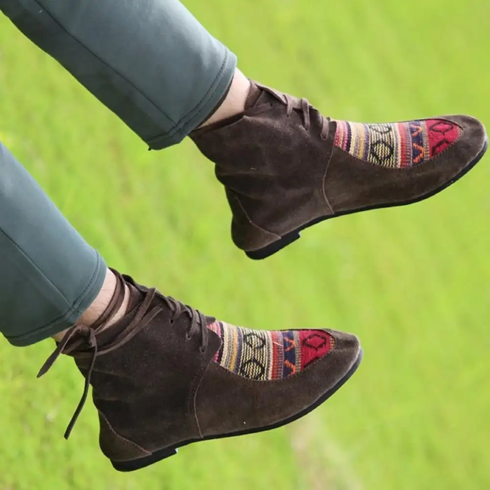 Botas de piel de ante con estilo para mujer, zapatos tobilleros bohemios, sandalias de cuero con cordones