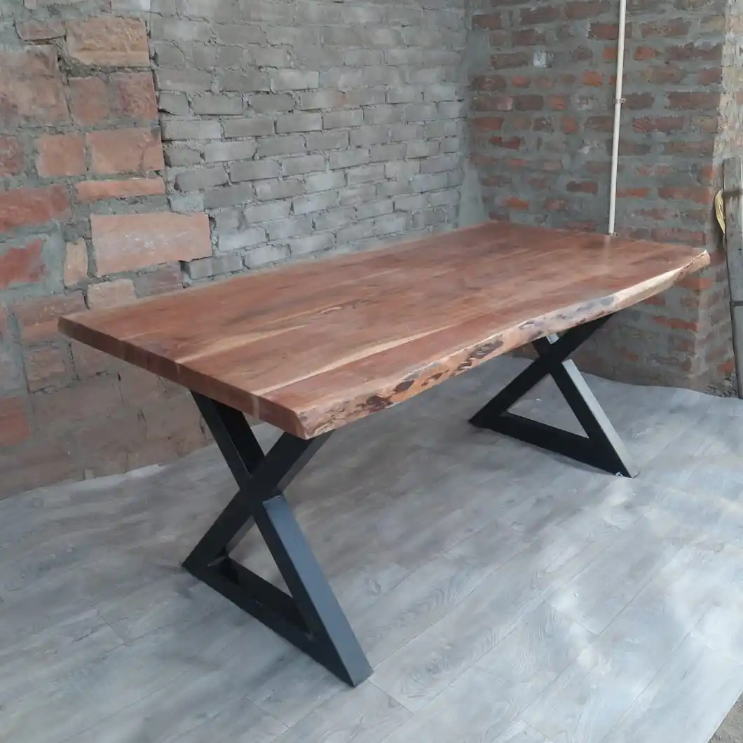 Industrial live edge dining table cross Iron dining Table