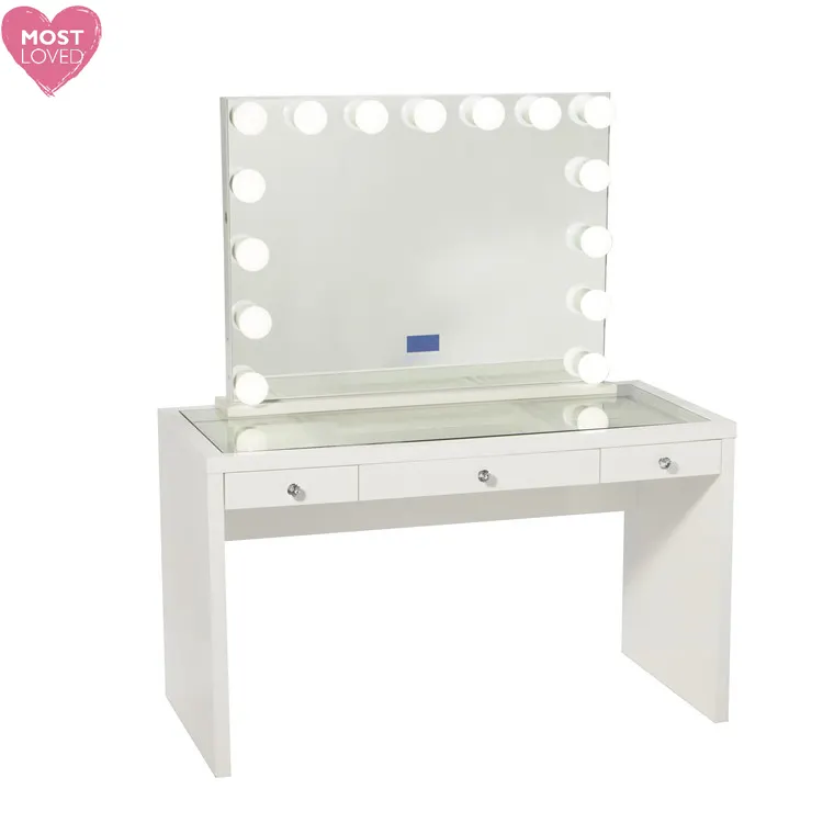 Tocador de madera personalizado con espejo iluminado y taburete para dormitorio, muebles modernos para chicas, color blanco