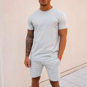 Toptan erkek fransız Terry yaz t-shitr Set erkekler özel Logo katı renk kapşonlu Spandex çiftler spor giyim seti erkekler için eşofman Jogger seti