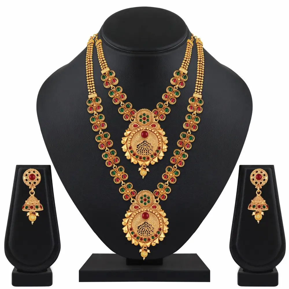 طقم مجوهرات تراثية هندية للبيع بالجملة لمنطقة صليب العروس طقم قلادة مطلية بطلاء ذهبي مزدوج الطول