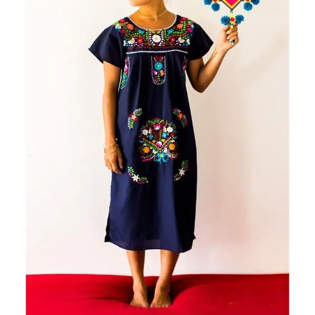 Designer Vestido Bordado Mexicano Azul Marinho das Mulheres Meados de Bezerro Comprimento Mangas Curtas Vestido Mexicano