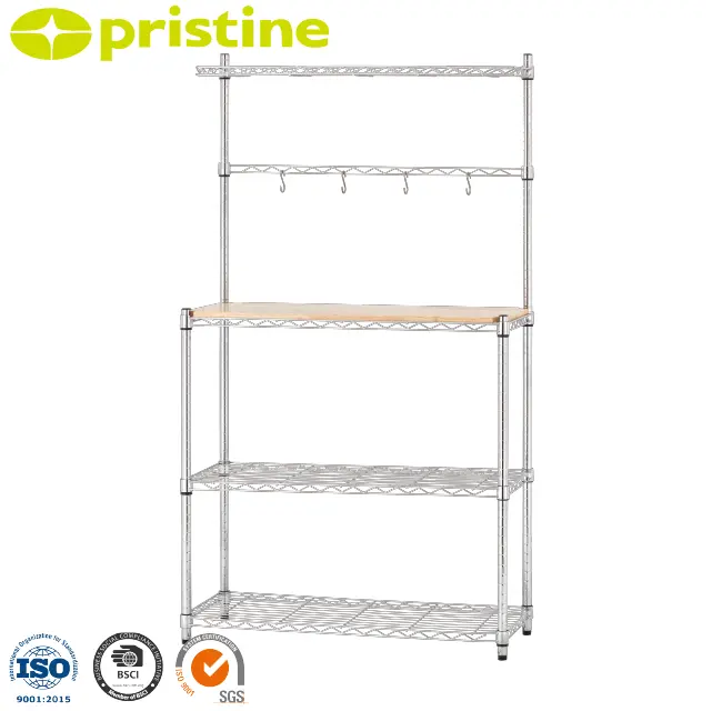 SALE shelf wholesale kitchen metal rack Taiwan household storage manufacturer functional 3 tier wire shelf with wood board