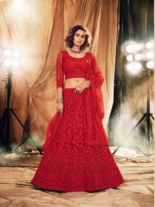 ดีไซเนอร์อินเดียสีแดงเจ้าสาว Lehenga Choli เย็บติดเต็มที่แต่งงาน Lahnga Choli ผู้ค้าส่งสุราษฎร์อินเดีย - Product Image 4