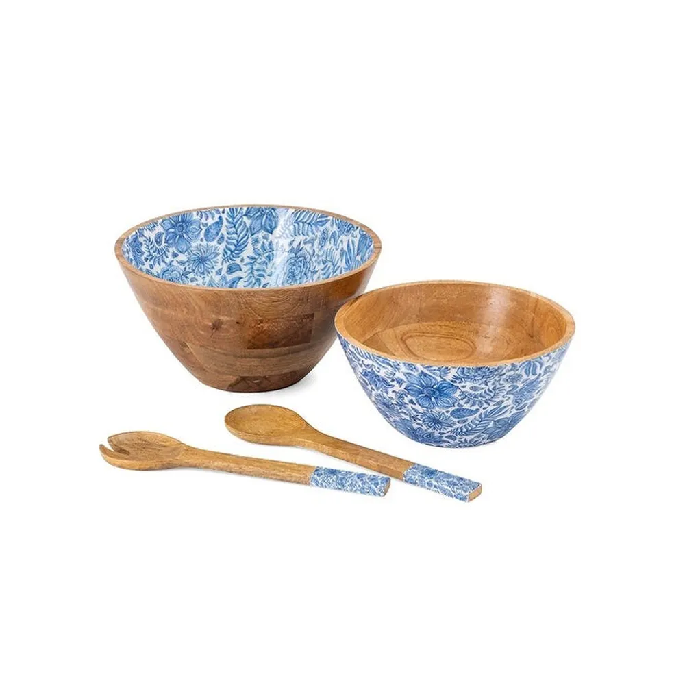 Luxe En Émail Imprimé En Bois Décoratif Soupe et Salade Bols Lot De 2 Avec Cuillère Offre Spéciale