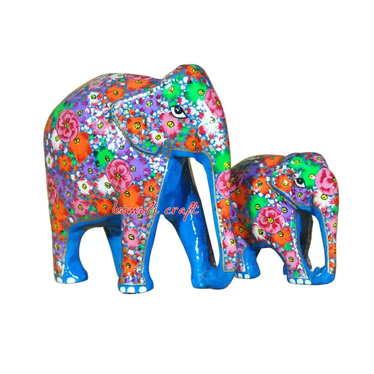 Elefantes decorados con flores azules pintados a mano de madera, elefante de recuerdo