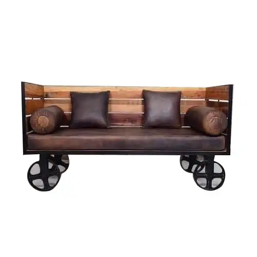 Двухместный диван в стиле лофт для гостиной, промышленные железные диваны с колесами и подушками, уличная мебель из натуральной кожи
