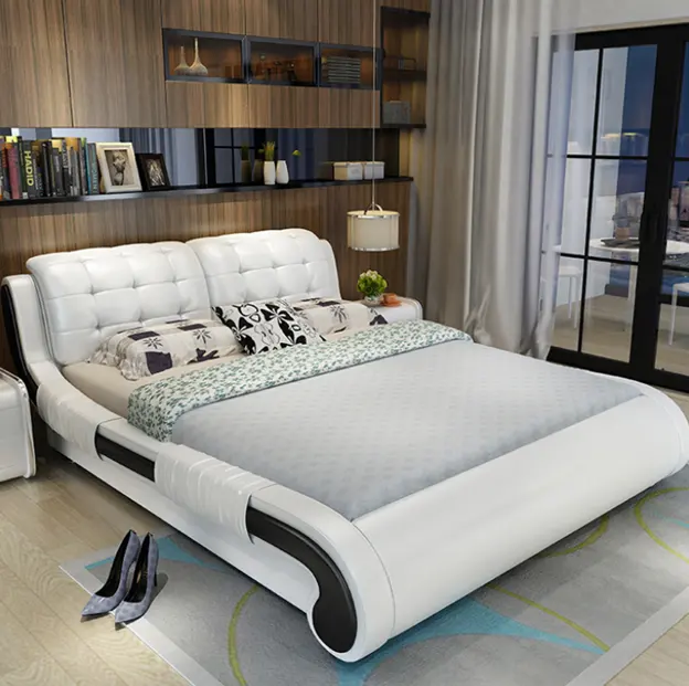 TRIHO Mobiliário de estilo italiano moderno de alto nível Cool Man Bed Cinza Preto Couro Genuíno Camas luxuosas