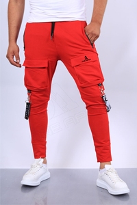 Özel Slim Fit Polyester İpli sokak giyim kırmızı erkekler Joggers pantolon yan cepli erkek kargo tarzı jogger pantolon - Product Image 2