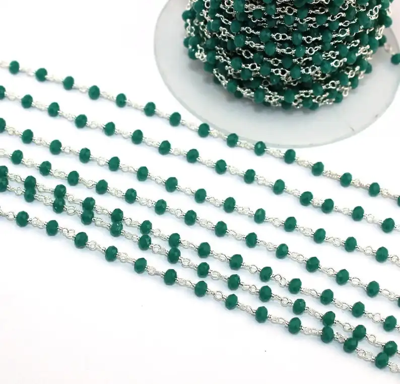 Onyx verde 3-3.5mm esferas redondas, prata banhada por rosário do pé pedra preciosa cadeia suprimentos