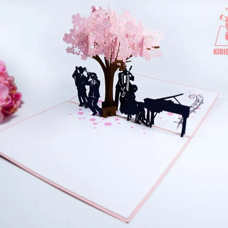 Kikigami-tarjeta de felicitación 3D Pop Up, Banda Musical debajo del árbol de flor de cerezo, impresión vietnamita