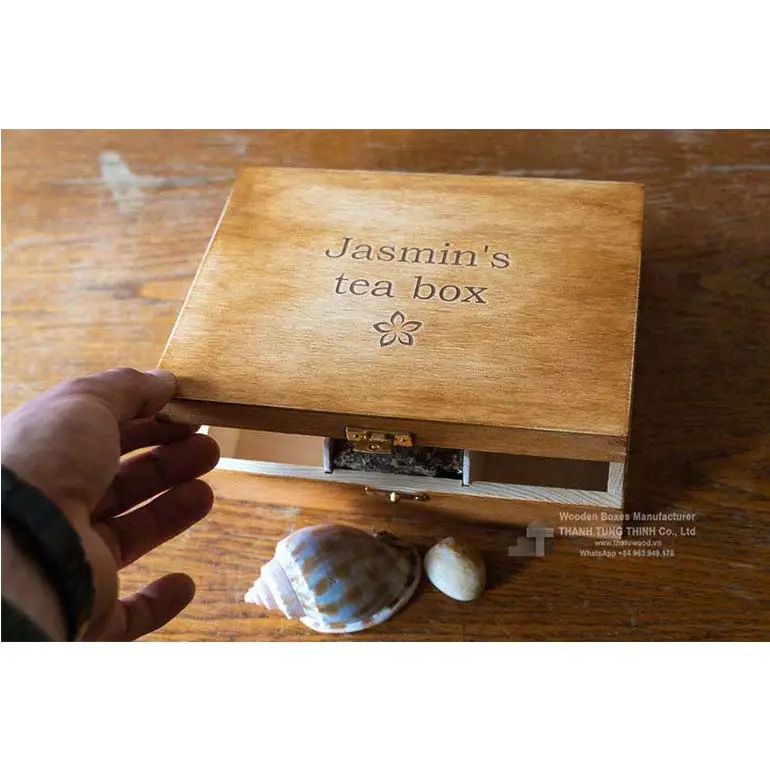 Caja de té de madera sin terminar, almacenamiento de madera para té de diseño clásico Vintage, contacto de embalaje + 84 937545579
